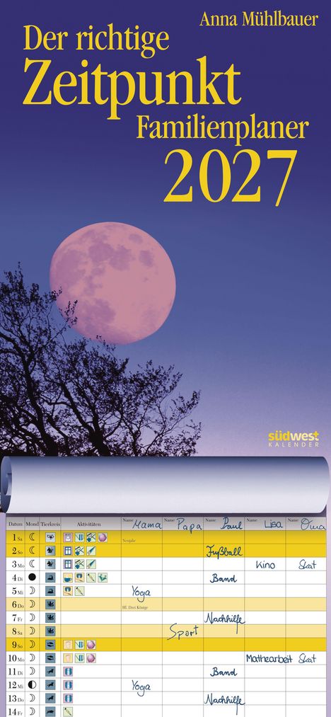Titel: „Der richtige Zeitpunkt Familienplaner 2027“. Oben Vollmond, unten Kalender mit Terminen.