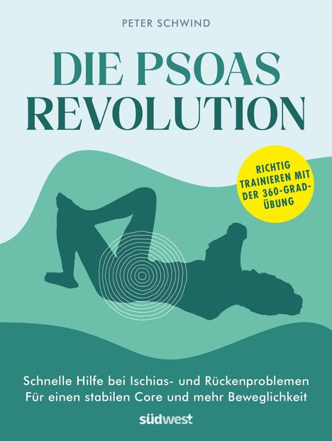 "Die Psoas Revolution" von Peter Schwind. Silhouette in Dehnposition, Kreiseffekte. Gelber Kreistext: "Richtig trainieren..."