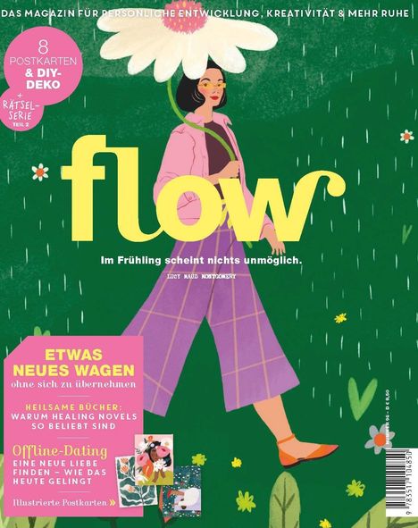 „Im Frühling scheint nichts unmöglich.“ Illustration: Frau mit Blume, grüne Umgebung, bunte Kleidung. Texte zu Büchern und Dating.