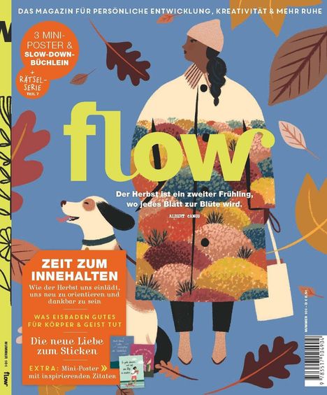 „flow“ in großer Schrift, Zitat über Herbst von Albert Camus, Illustration: Person mit Hund, bunte Herbstblätter, Werbetexte.