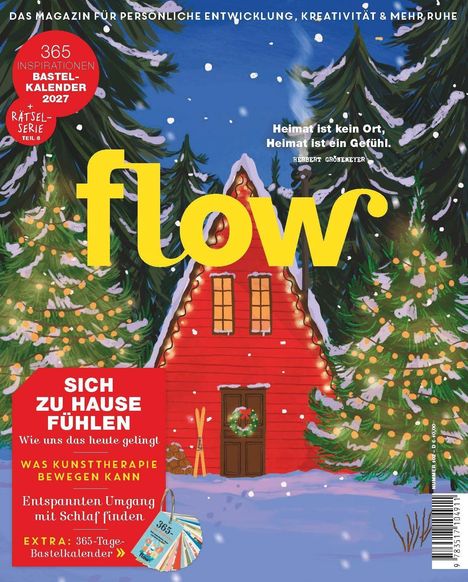 „365 Inspirationen Bastelkalender 2027“, „Heimat ist kein Ort, Heimat ist ein Gefühl“, Illustration: rotes Haus im Schnee.