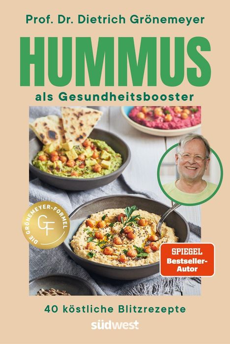 "Prof. Dr. Dietrich Grönemeyer: HUMMUS als Gesundheitsbooster. 40 köstliche Blitzrezepte. Bild von Hummus-Schale."
