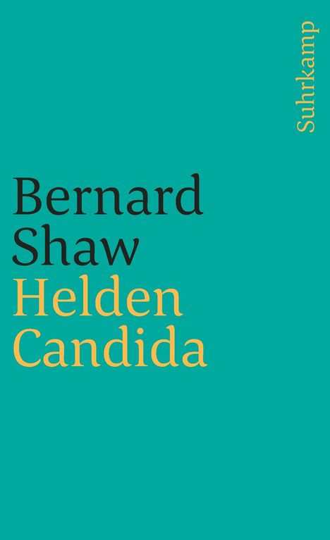 Text: "Bernard Shaw Helden Candida" und "Suhrkamp". Türkiser Hintergrund.