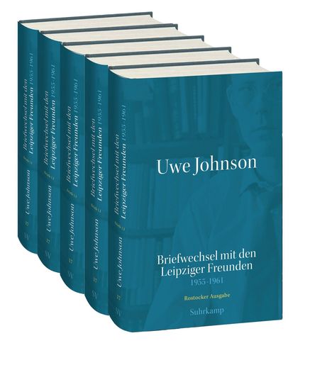 Fünf Bücher mit Titel "Briefwechsel mit den Leipziger Freunden 1955-1961" von Uwe Johnson, Rostocker Ausgabe, Suhrkamp.