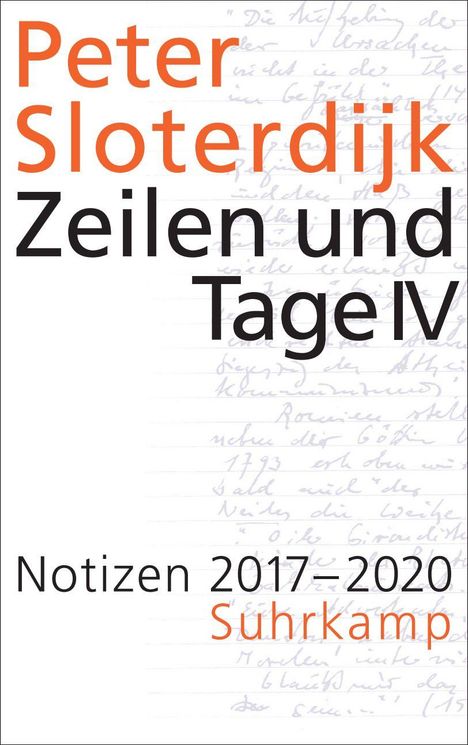 "Peter Sloterdijk Zeilen und Tage IV Notizen 2017–2020 Suhrkamp." Klare Schrift mit handgeschriebenem Hintergrund.