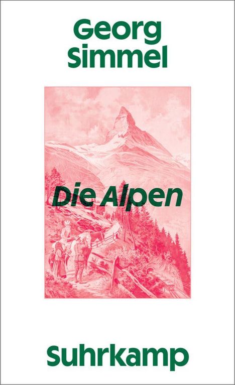 "Georg Simmel, Die Alpen, Suhrkamp." Illustration eines Gebirges mit Wanderern in Rot- und Rosatönen.