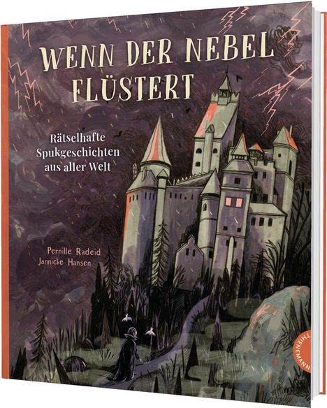 "Wenn der Nebel flüstert. Rätselhafte Spukgeschichten aus aller Welt." Illustration einer Burg im Nebel mit Blitzen.