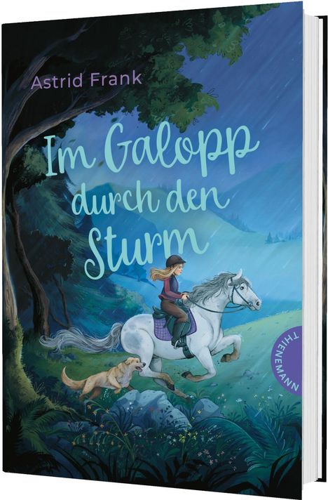Text: "Astrid Frank, Im Galopp durch den Sturm". Illustration eines Mädchens auf einem galoppierenden Pferd im Regen mit Hund.