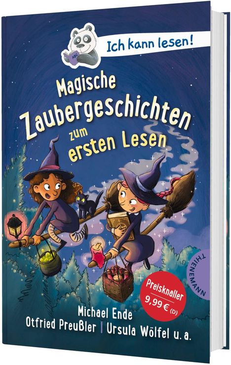 "Ihr Text: 'Ich kann lesen! Magische Zaubergeschichten zum ersten Lesen'. Zwei Kinder auf Besen, mit Hexenhüten, fliegen über Bäume."