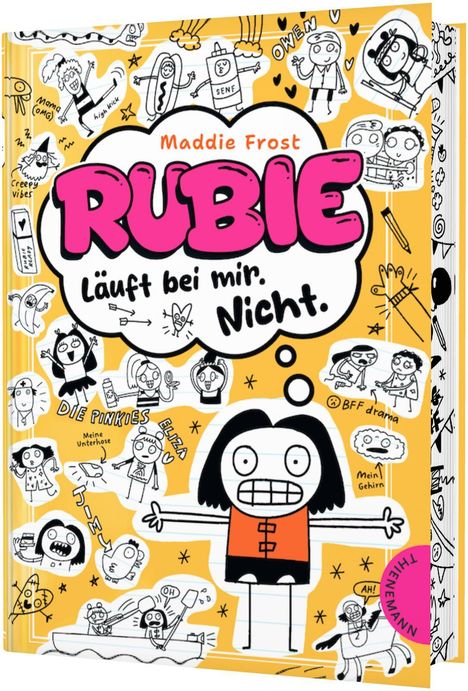 Komisches Cover mit Texten wie "Maddie Frost," "RUBIE," "Läuft bei mir. Nicht." Comic-Zeichnungen eines Mädchens, lebhafte Farben.