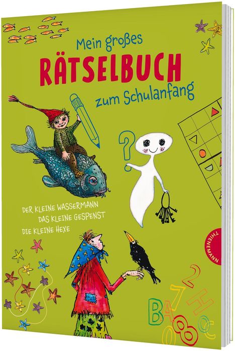 "Mein großes Rätselbuch zum Schulanfang" steht oben. Figuren: Wassermann, Gespenst, Hexe mit Rabe, Zahlen und Formen.