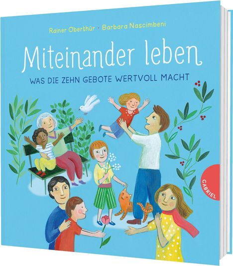 "Miteinander leben. Was die Zehn Gebote wertvoll macht." Illustration von fröhlichen Menschen und Natur auf blauem Hintergrund.