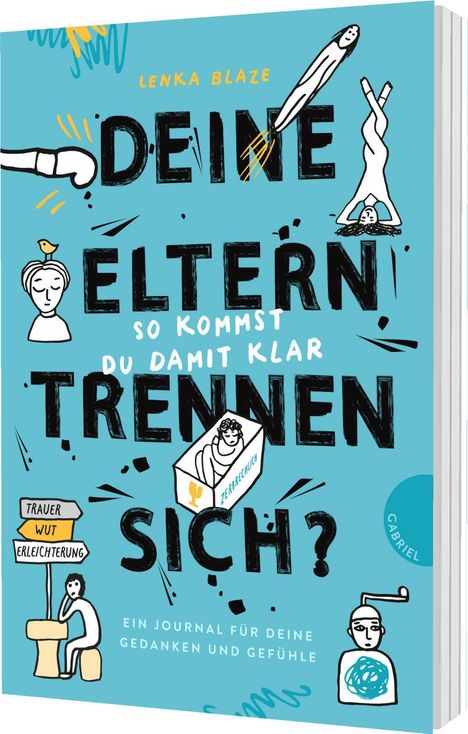 "DEINE ELTERN TRENNEN SICH?", Illustrationen: Personen, Box, Schilder mit "TRAUER, WUT, ERLEICHTERUNG".
