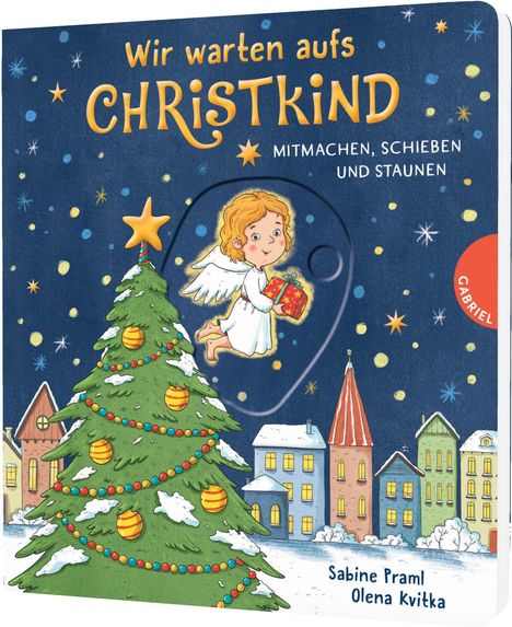Text: "Wir warten aufs Christkind. Mitmachen, Schieben und Staunen." Illustration: Ein Engel mit Geschenk fliegt über einem Weihnachtsbaum.