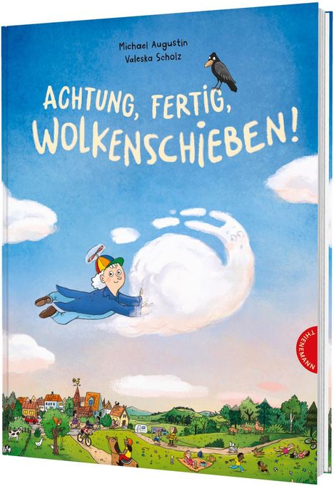 Text: „ACHTUNG, FERTIG, WOLKENSCHIEBEN!“ Illustration eines fliegenden Jungen, der eine Wolke schiebt, mit Dorf im Hintergrund.