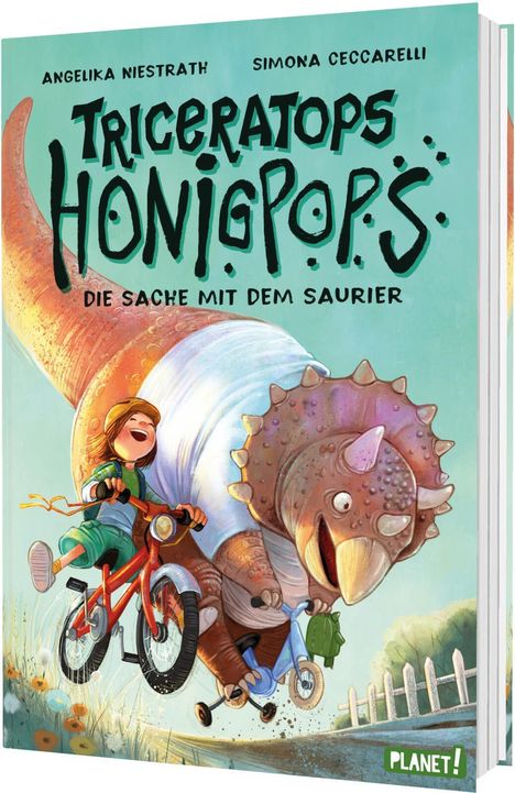 „Triceratops Honigpops: Die Sache mit dem Saurier“. Illustration: Kind mit Helm fährt mit Triceratops Fahrrad.