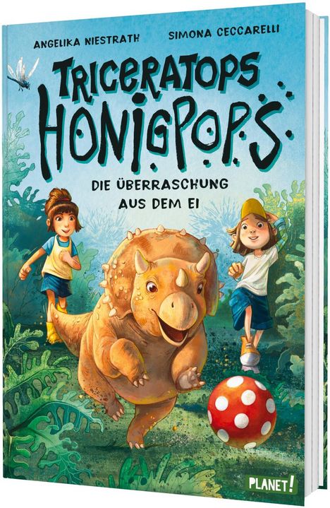 "Triceratops Honigpops: Die Überraschung aus dem Ei." Zwei Kinder und ein junger Dinosaurier in einem dschungelartigen Umfeld.