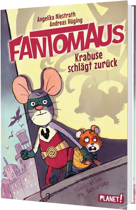 „FANTOMAUS: Krabuse schlägt zurück“; Illustration von Kai Schüttler. Eine Maus in Superheldenkostüm mit einem kleinen Tier im Hintergrund.