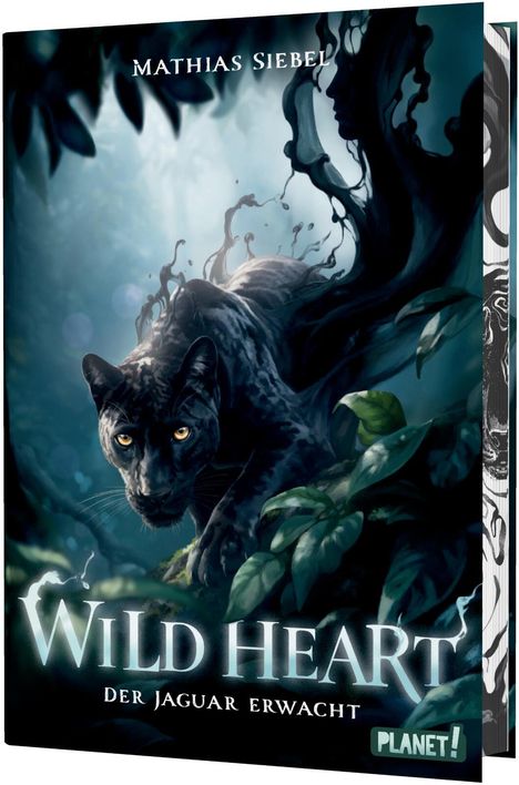 Titel: "WILD HEART – Der Jaguar erwacht". Schwarzer Jaguar schleicht durch dichten, geheimnisvollen Dschungel.