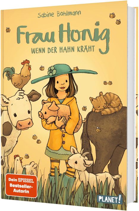 Buchtitel: "Frau Honig: Wenn der Hahn kräht". Illustration von Kind mit Tieren auf einem Bauernhof.