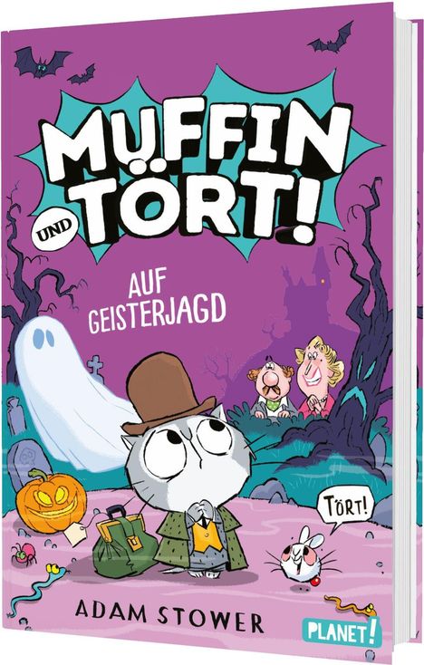 "Muffin und Tört! Auf Geisterjagd" steht über einer Illustration mit einem besorgten Kater, einem Geist und einer Kürbislaterne.