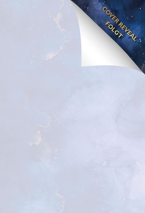 Text "COVER REVEAL FOLGT" auf dunkelblauem, gefaltetem Ecke. Hellblauer Hintergrund mit leichtem Muster.