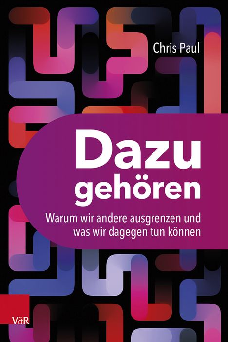 "Dazugehören" in weißer Schrift auf violettem Hintergrund. Verschlungene, bunte Linien auf schwarzem Hintergrund.
