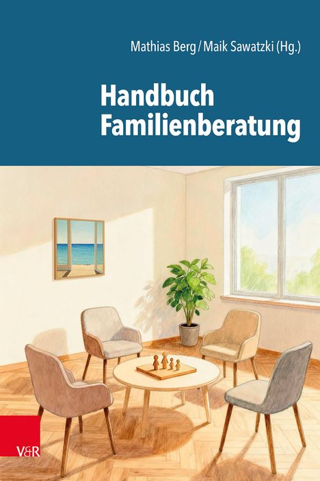 "Handbuch Familienberatung" von Mathias Berg/Maik Sawatzki (Hg.). Illustration eines gemütlichen Raumes mit Sesseln.