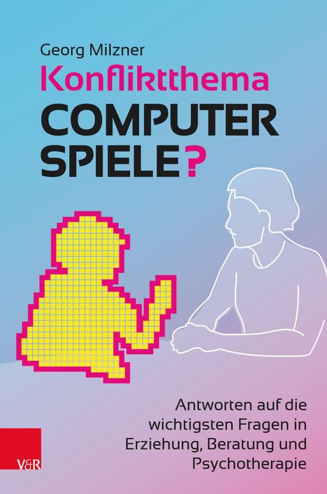 Text: "Konfliktthema Computerspiele?" Grafik: Pixelige Figur interagiert mit skizzierter Person; blauer Hintergrund.