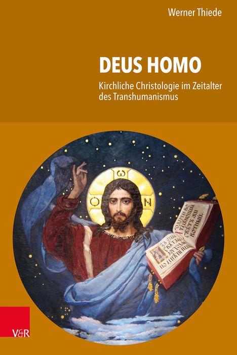 "DEUS HOMO: Kirchliche Christologie im Zeitalter des Transhumanismus. Illustration von Jesus mit Buch und Heiligenschein."