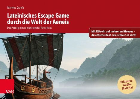 "Lateinisches Escape Game durch die Welt der Aeneis" steht oben. Illustration eines antiken Schiffes vor Hügelkulisse.