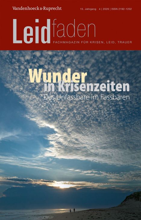 "Wunder in Krisenzeiten: Das Unfassbare im Fassbaren." Oben rote Fläche, unten Himmel mit Wolken und zwei Personen am Strand.