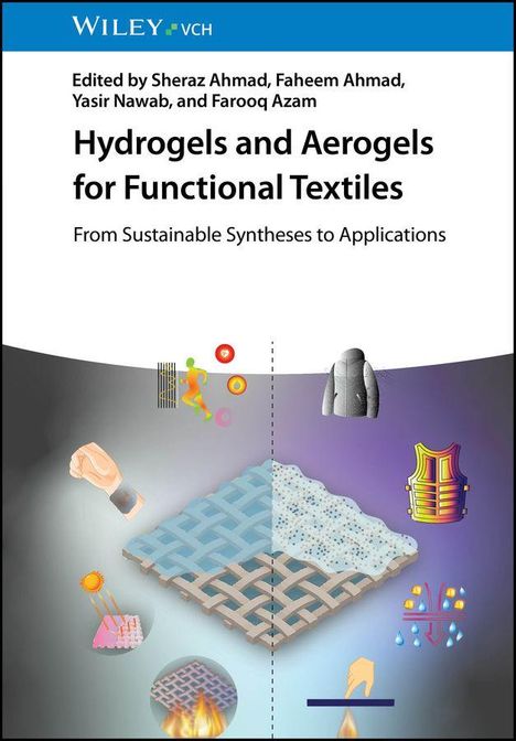 "Hydrogels and Aerogels for Functional Textiles" oben. Grafik zeigt Textilgewebe mit symbolischen Anwendungen und Farben.