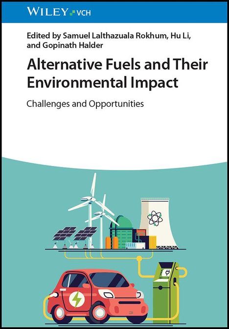 Oben: "Alternative Fuels and Their Environmental Impact". Unten: Illustration mit Windrädern, Solarpanelen, Auto.