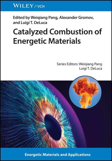 Titel: "Catalyzed Combustion of Energetic Materials". Oben ein Logo, unten buntes, augenähnliches Muster und eine Explosion.