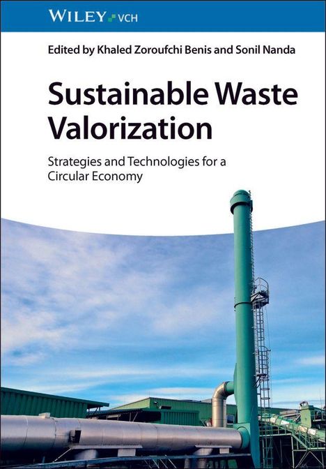„Sustainable Waste Valorization“, grüne industrielle Anlage, blauer Himmel, Logo oben links.