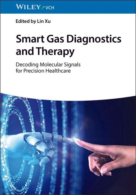Titel: Smart Gas Diagnostics and Therapy. Hände, menschlich und digital, berühren sich vor einem blauen Lichtmuster.
