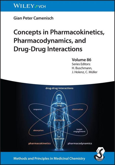 "Concepts in Pharmacokinetics, Pharmacodynamics, and Drug-Drug Interactions." Menschliche Figur mit beschrifteten Bahnen.