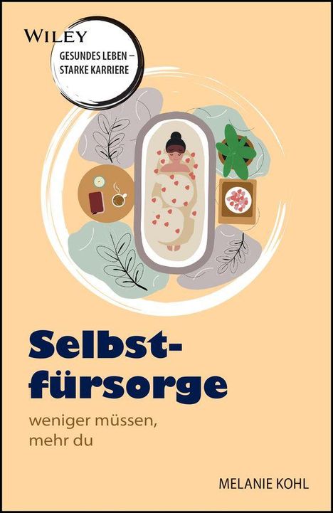 Selbstfürsorge: weniger müssen, mehr du. Illustration einer Person in der Wanne, umgeben von Pflanzen und Dingen.
