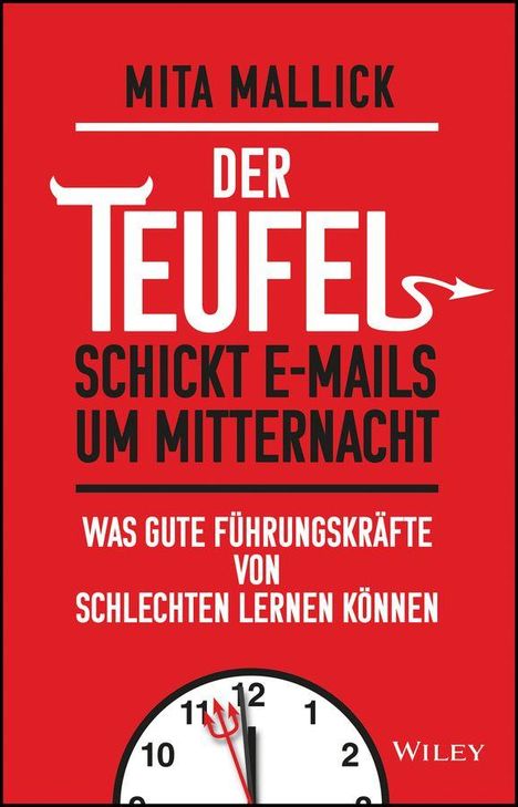 **Der Teufel schickt E-Mails um Mitternacht.** Eine rote Uhr zeigt kurz vor Mitternacht mit einer dreizackigen Sekunde.