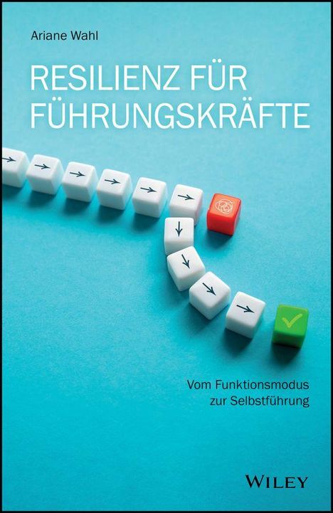 „Resilienz für Führungskräfte“, „Vom Funktionsmodus zur Selbstführung“. Würfel mit Pfeilen, roter Cube mit Symbol, grüner Cube mit Häkchen.