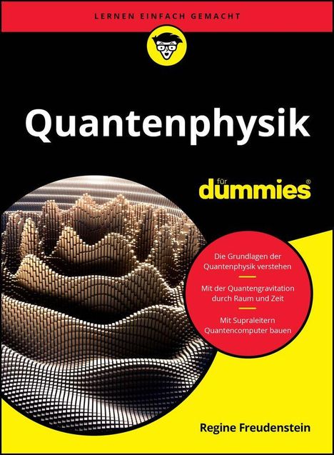 Text: "Quantenphysik für Dummies", "Lernen einfach gemacht". Grafik: abstrakte 3D-Struktur, gelb-schwarze Gestaltung.