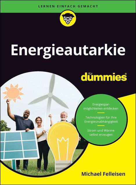 Texte: „Lernen einfach gemacht“, „Energieautarkie für dummies“, „Energiesparmöglichkeiten entdecken“. Drei Personen halten Symbole für erneuerbare Energie.