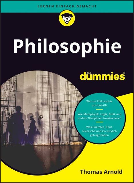 Text: "Philosophie für Dummies", Themen wie Metaphysik und Ethik. Gelbes und schwarzes Farbschema, grafisches Logo.