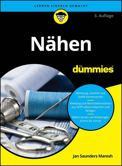 Text: "Nähen für dummies", "Lernen einfach gemacht", "3. Auflage", Autor: Jan Saunders Maresh. Das Cover zeigt Nähzubehör wie Faden und Maßband.