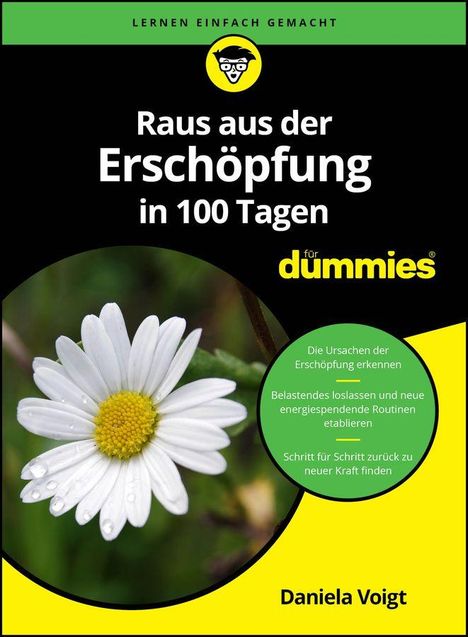 Text: "Raus aus der Erschöpfung in 100 Tagen für dummies." Bild: Gänseblümchen und diverse beschreibende Textelemente.