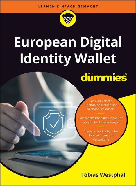 "European Digital Identity Wallet für dummies" steht in großen Buchstaben. Dazu ein Bild einer Person, die ein Display berührt.