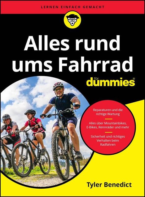Text: "Alles rund ums Fahrrad", "Reparaturen und die richtige Wartung", "Tyler Benedict". Drei Personen fahren auf Mountainbikes.