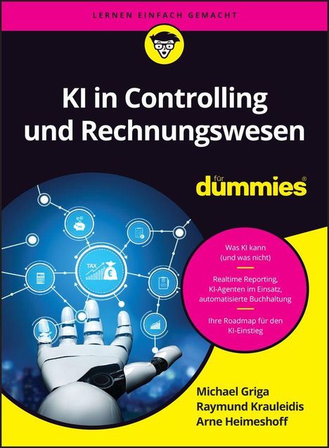 „KI in Controlling und Rechnungswesen für dummies.“ Roboterhand zeigt auf Finanz-Icons, gelber Rand, schwarzer Hintergrund.