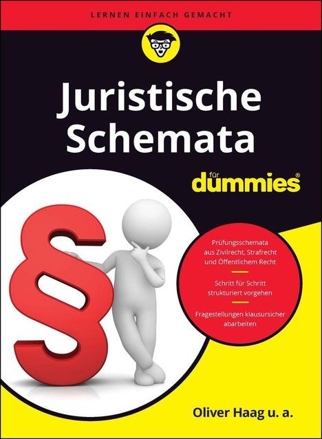 „Juristische Schemata für dummies“, Oliver Haag. Gelbes Logo oben. Person lehnt an großem, rotem Paragraphenzeichen.